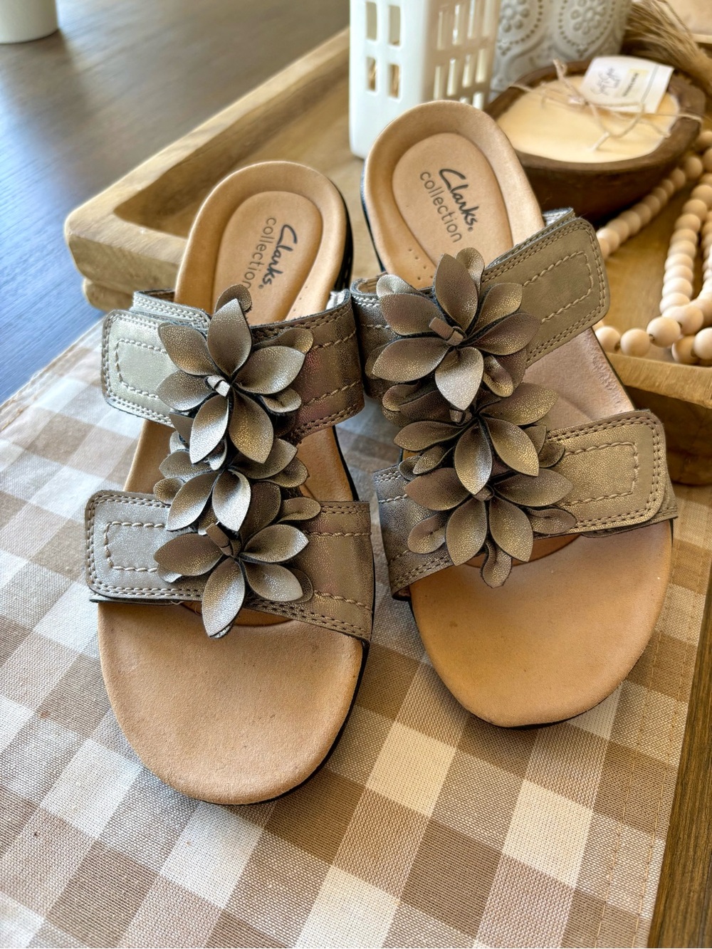 Clarks Taupe Floral Double-Strap Slide Sandals